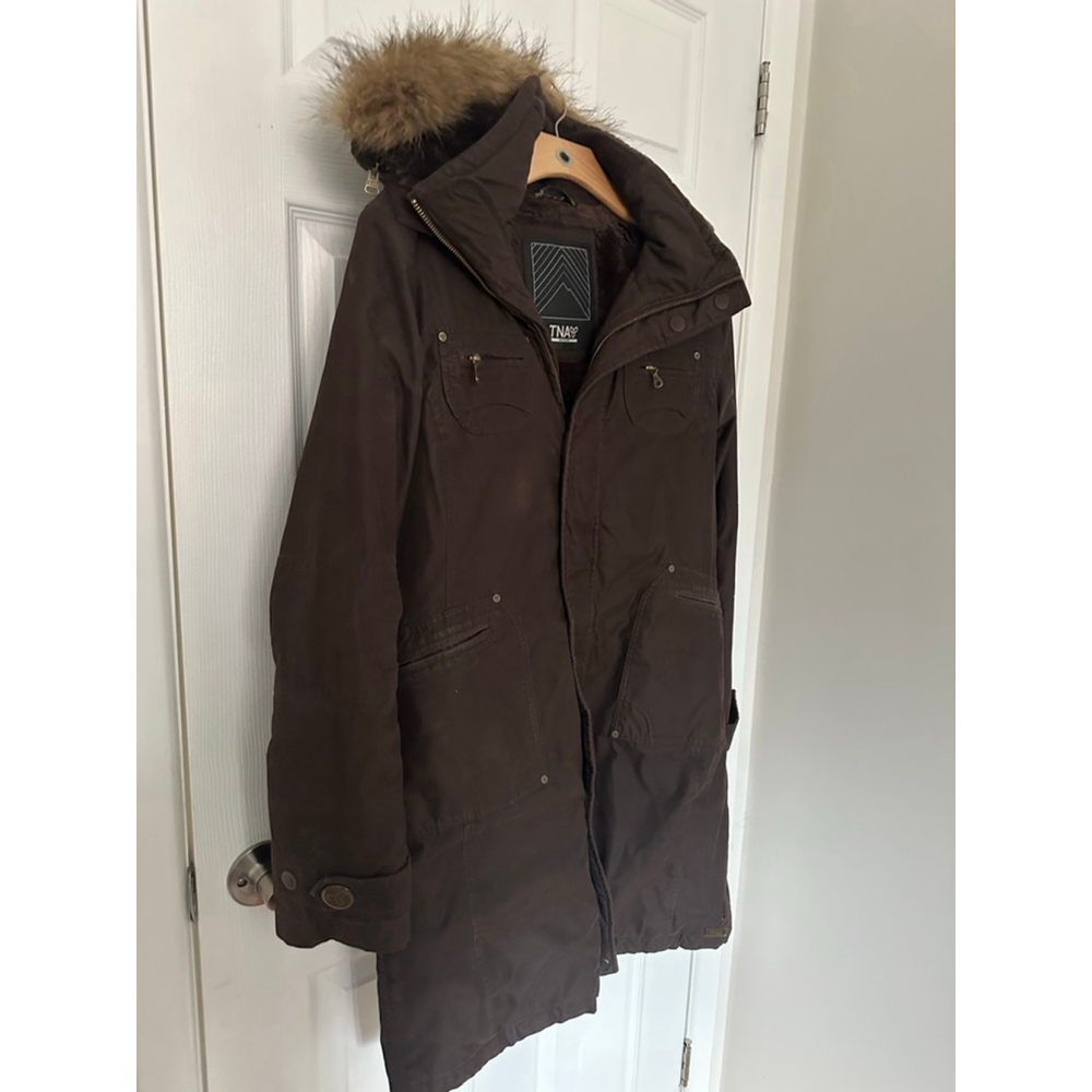 Women's TNA Brown Parka Jacket with Faux Fur Hood, Size M - Picture 2 of 6